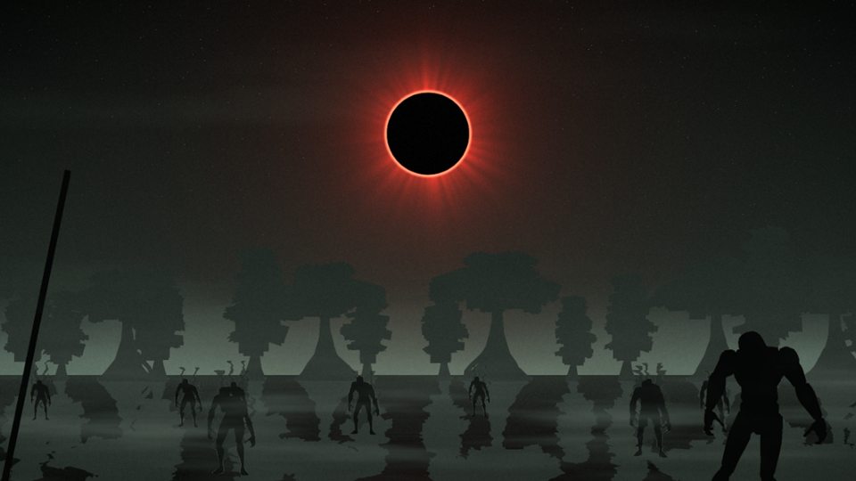 A black sun with a blood-red corona hangs over a misty swamp as figures rise from the water
