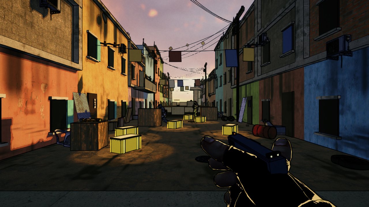 A Sangue Frio key art: the alley seen down the sights of a pistol