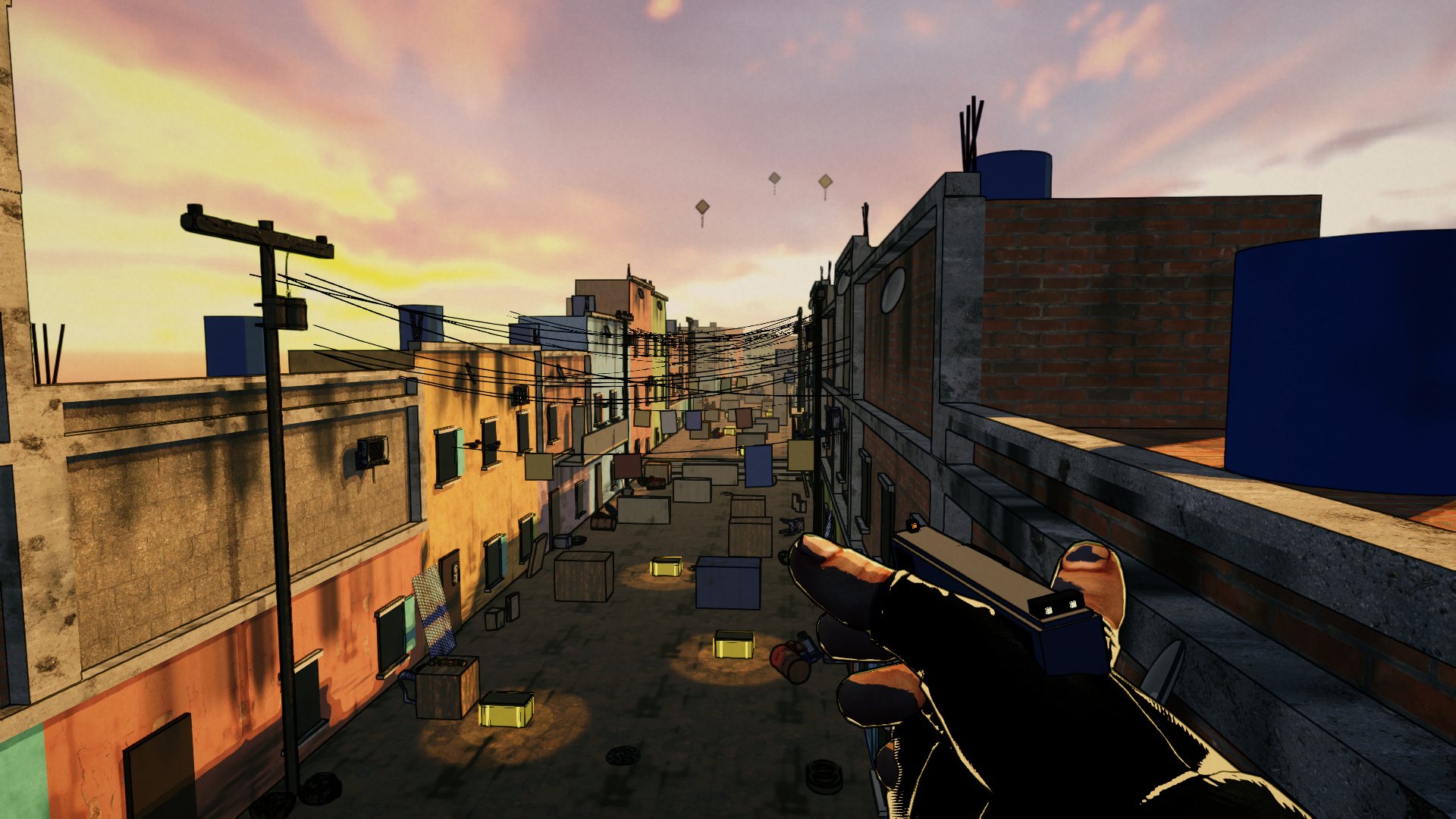A sunset alley in a painted Rio hillside, seen over a rooftop wall with a pistol in hand