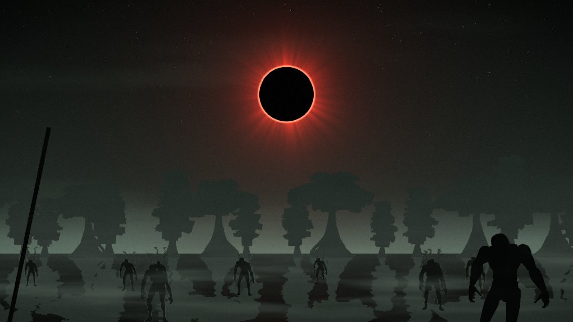 Corazón Negro key art: a black sun over a misty swamp