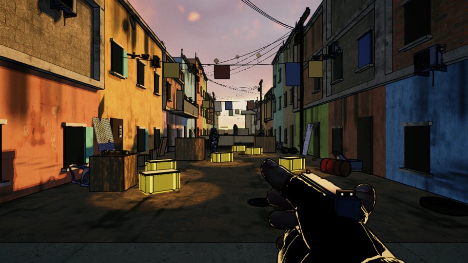 A sunset alley in a painted hillside favela, seen down the sights of a pistol, with enemies behind crates